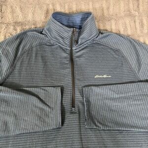 Eddie Bauer Mens Large Blue Striped 1/4 Zip Pullover Grid Fleece Thumbholes L